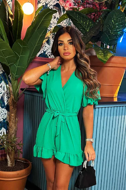 Playsuit With Frill Hem And Plunge Neckline Green Jumpsuit romper, Casual, Relaxed fit, Comfortable Playsuit With Frill Hem And Plunge Neckline Green Jumpsuit romper, Casual, Relaxed fit, Comfortable
