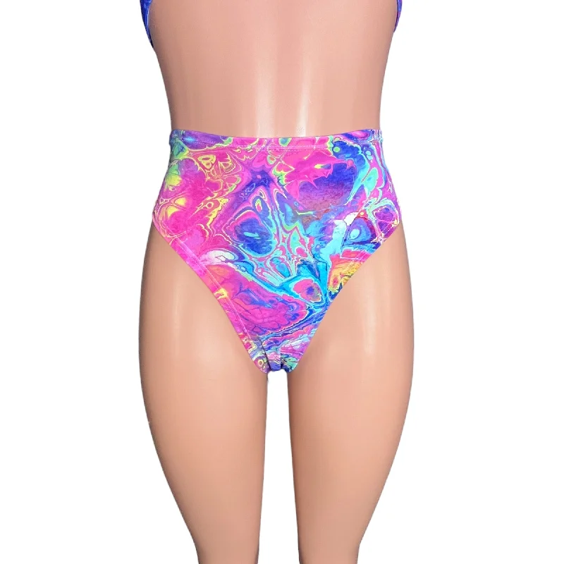 HIGH Thigh Bikini Bottom in Rainbow Vapor Spandex | Cheeky Brazilian Bikini for Rave Outfit Sleeveless bikini, Chic, Sexy, Comfortable HIGH Thigh Bikini Bottom in Rainbow Vapor Spandex | Cheeky Brazilian Bikini for Rave Outfit Sleeveless bikini, Chic, Sexy, Comfortable