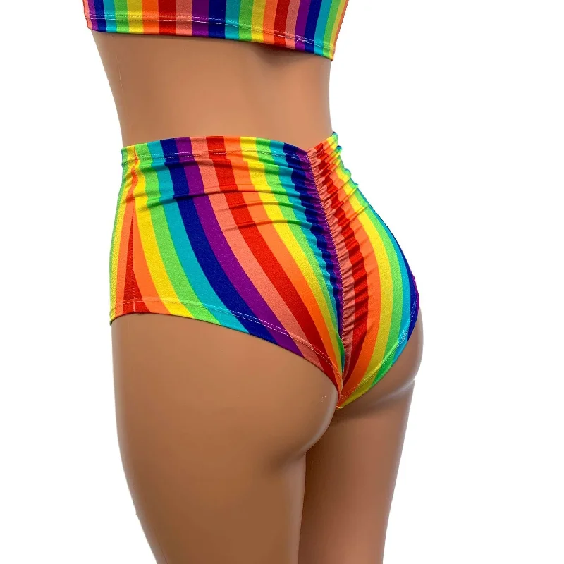 High Waist Scrunch Bikini Hot Pants - Rainbow Vertical Stripe Tie-side bikini, Adjustable fit, Comfortable, Sexy High Waist Scrunch Bikini Hot Pants - Rainbow Vertical Stripe Tie-side bikini, Adjustable fit, Comfortable, Sexy