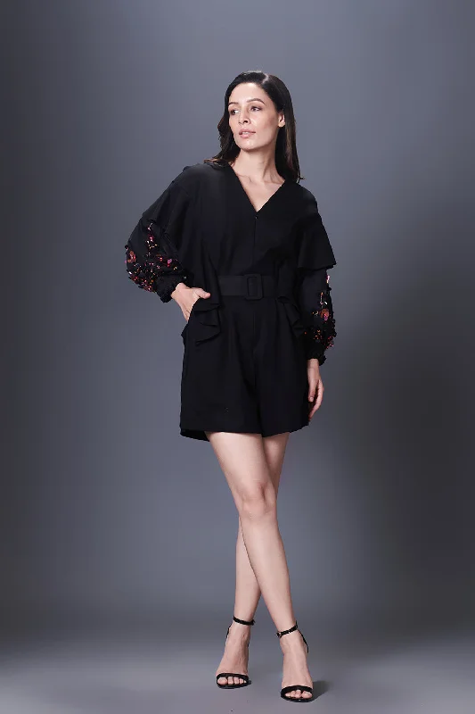 Black Playsuit With Hand Embroidered Sleeve & Belt Palazzo jumpsuit, Flowy design, Comfortable, Stylish Black Playsuit With Hand Embroidered Sleeve & Belt Palazzo jumpsuit, Flowy design, Comfortable, Stylish