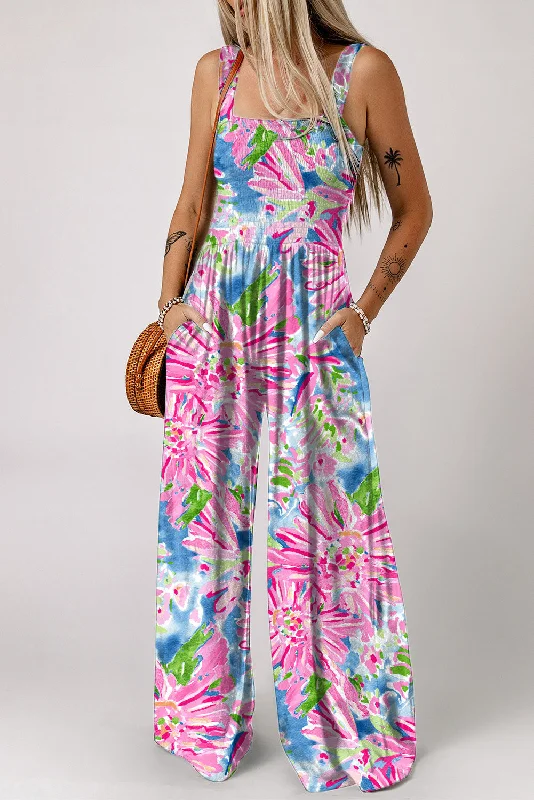 Floral Smocked Square Neck Jumpsuit with Pockets Fit and flare jumpsuit, Elegant, Trendy, Feminine
