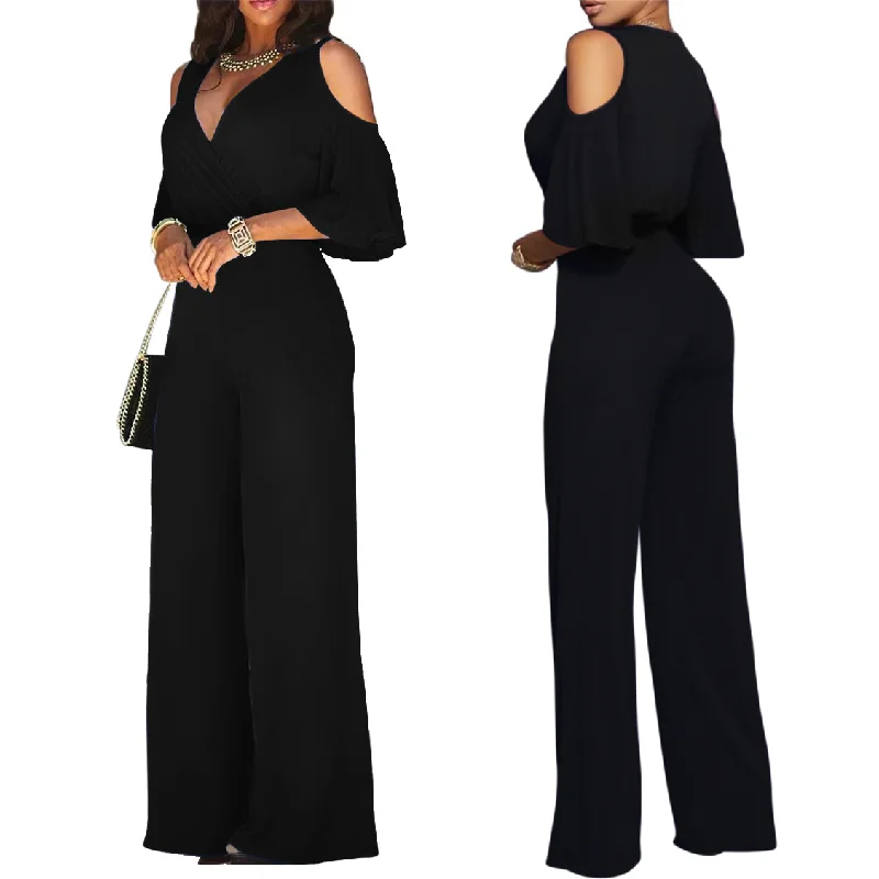 Women Solid Color Short-Sleeved Strapless Waist Fashion Wide-Leg Jumpsuit V-neck jumpsuit, Sexy, Comfortable, Chic